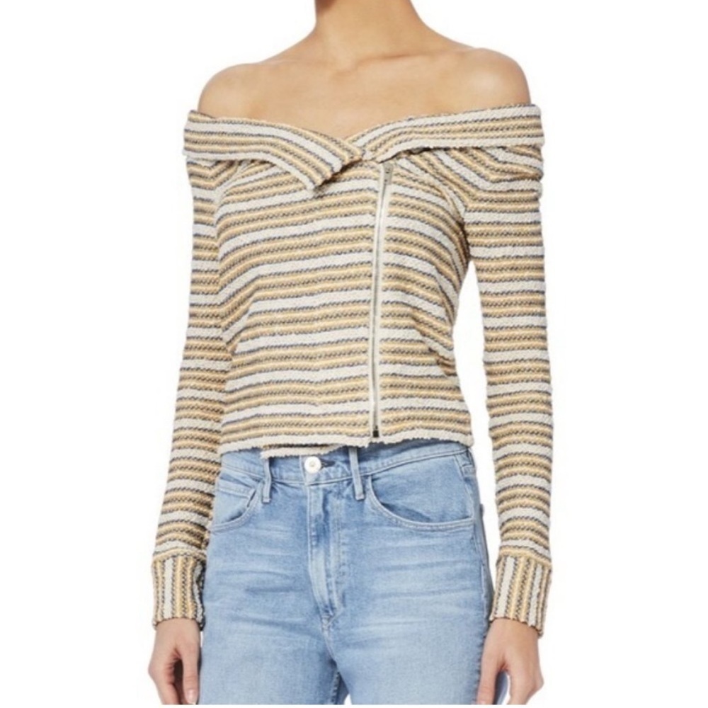 Iro Vana Stripe Knit Off Shoulder Shawl Collar Asymmetric Zip Up Jacket 36 Small